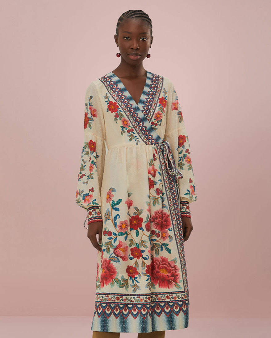 Farm Rio Cream Mosiac Garden Wrap Dress