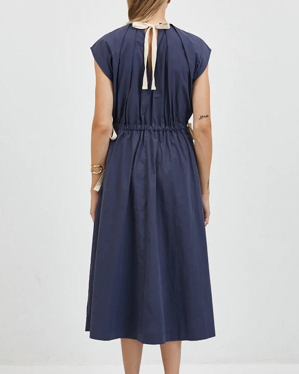 Women's Navy Poplin Drawstring Dress