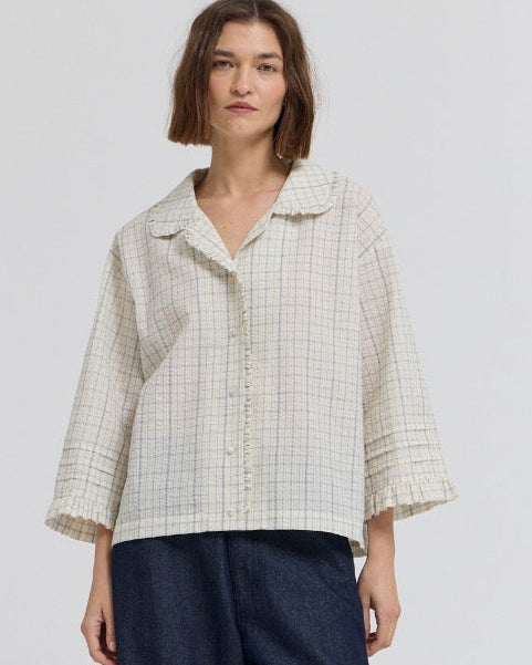 Cream and Blue Check Seersucker Blouse