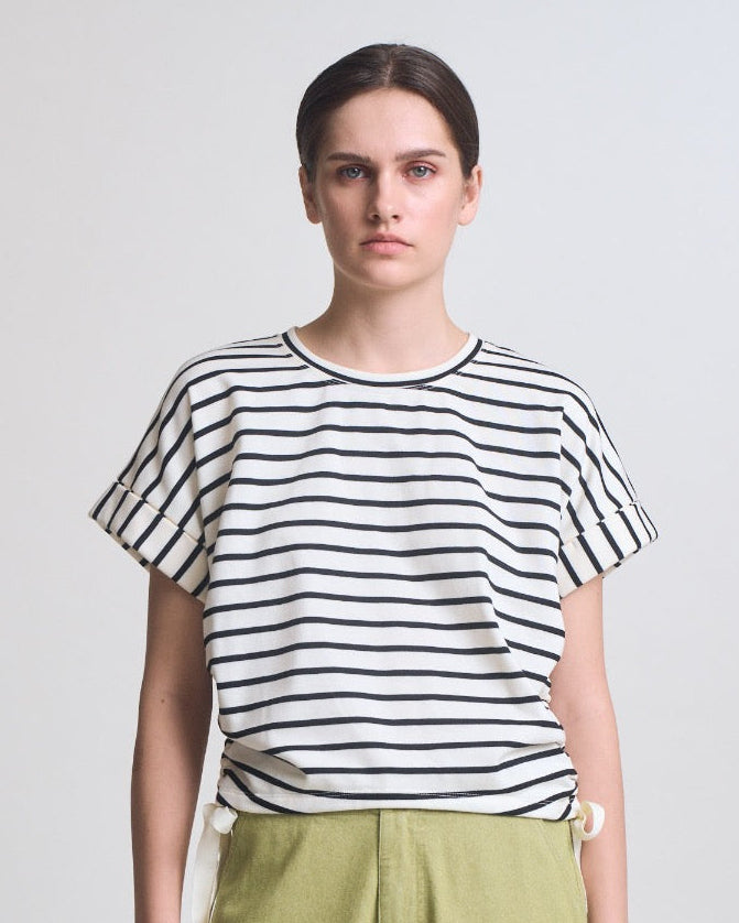 White/Black Stripe Side Drawstring Tee
