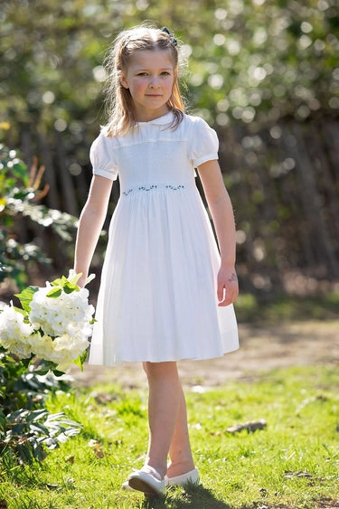White Smocked Dress with Green Leaf