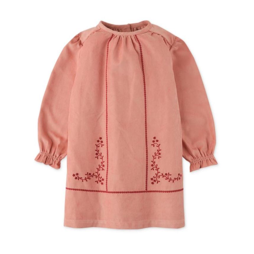 Coral Embroidered Corduroy Dress