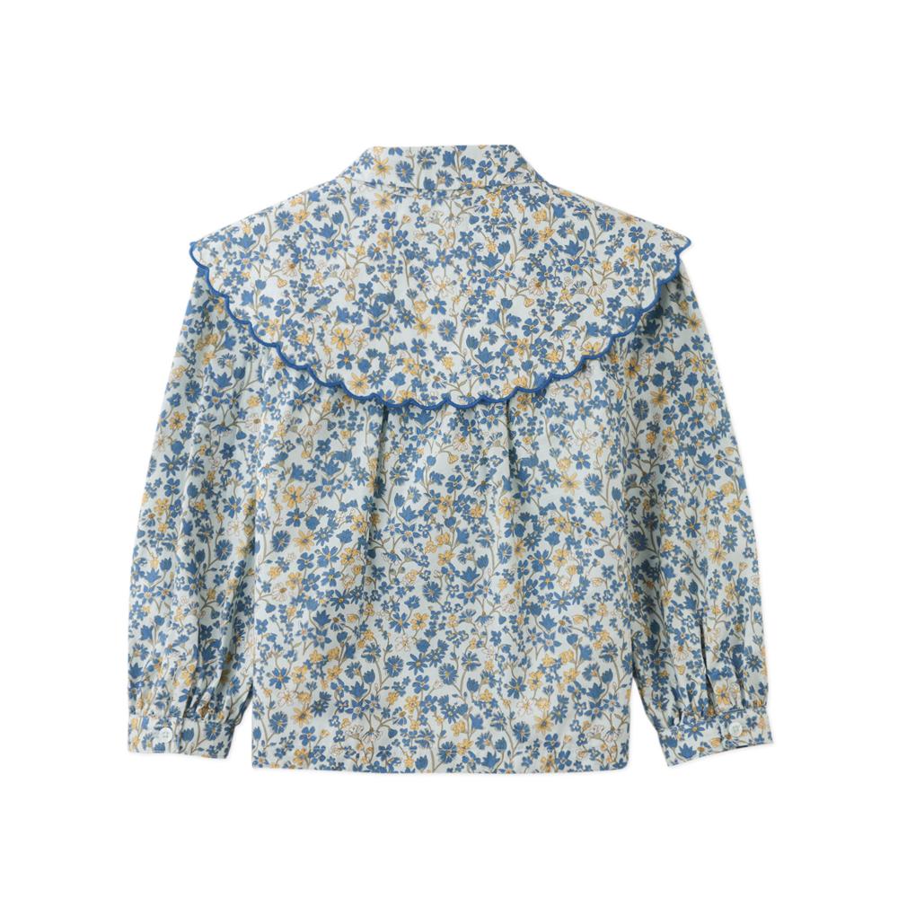 Blue Floral Wide Collar Blouse