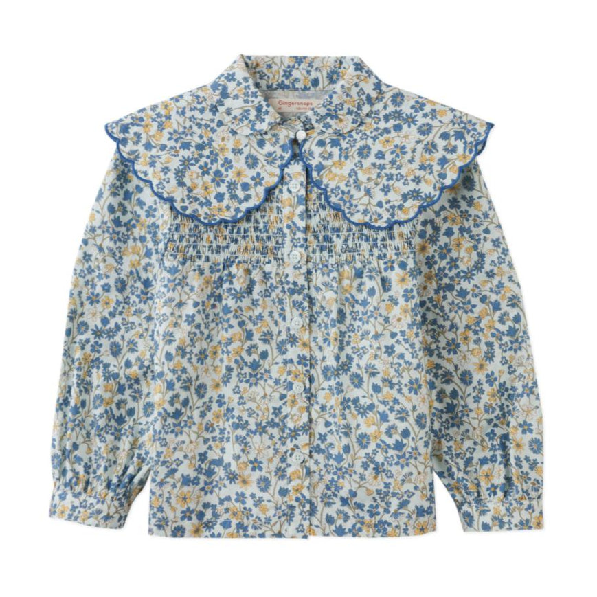 Blue Floral Wide Collar Blouse