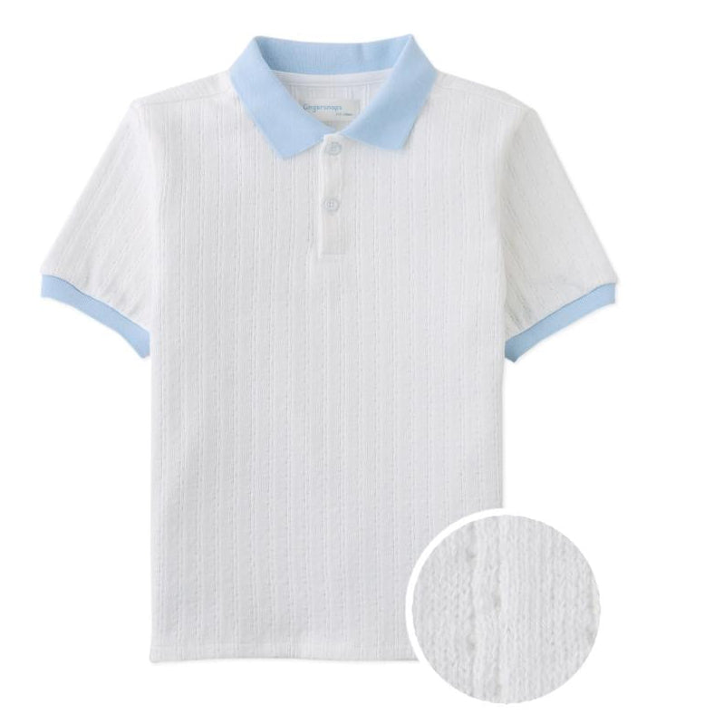 Boy's White Cable Sweater Blue Polo Collar