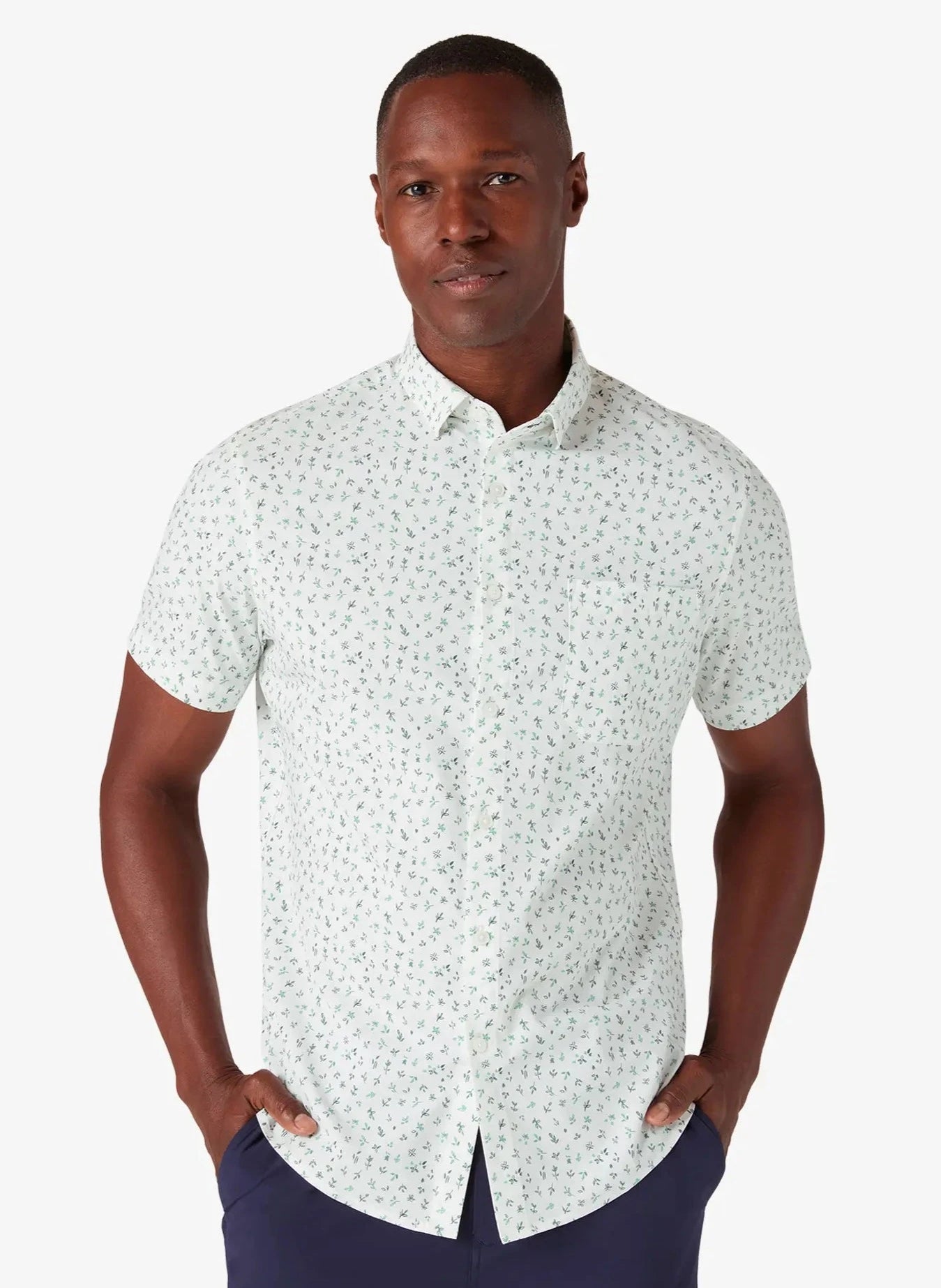 White/Green Floral Print SS Dress Shirt