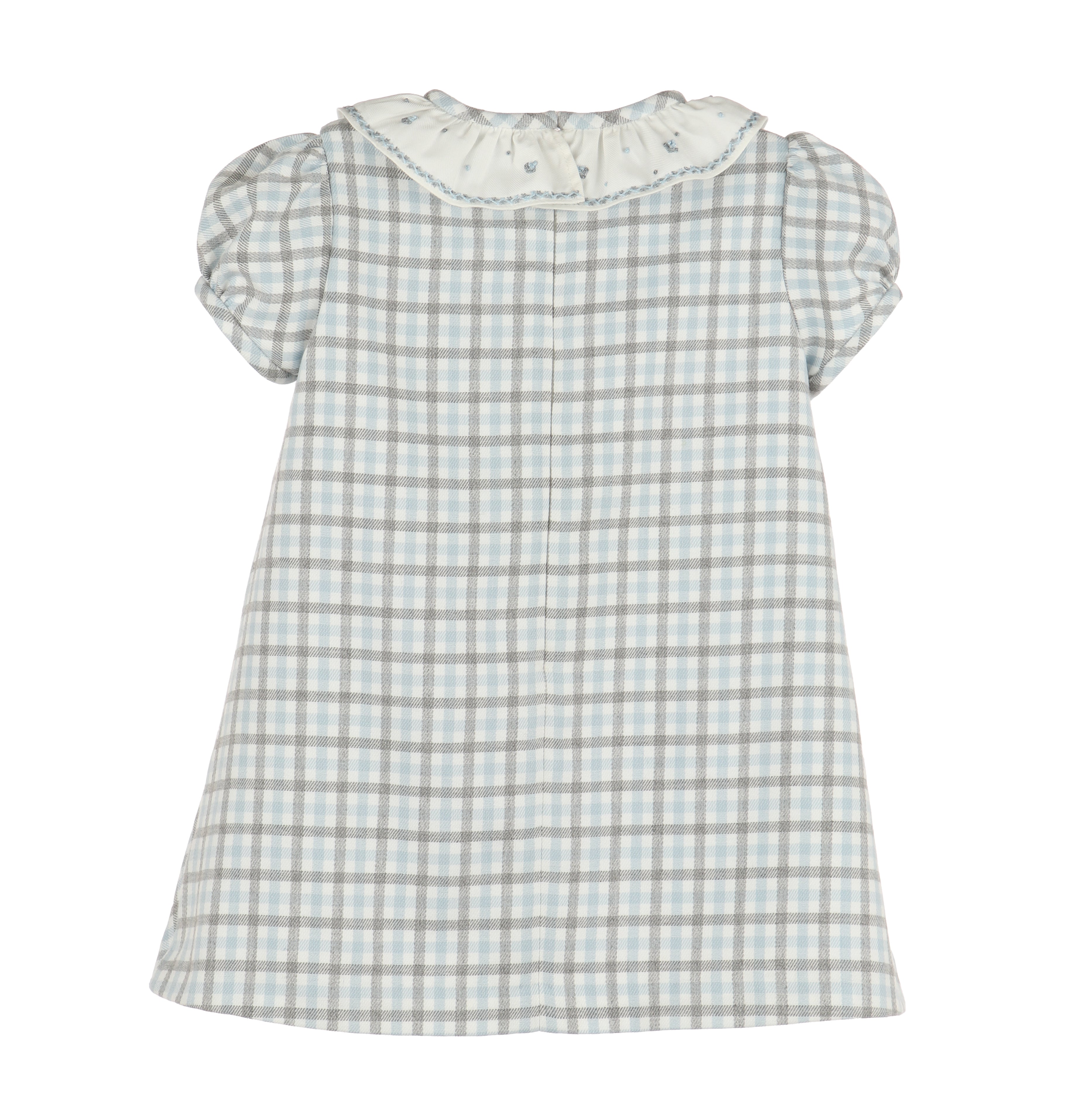 Blue Gray Plaid Shift Infant Dress with Ruffle Collar