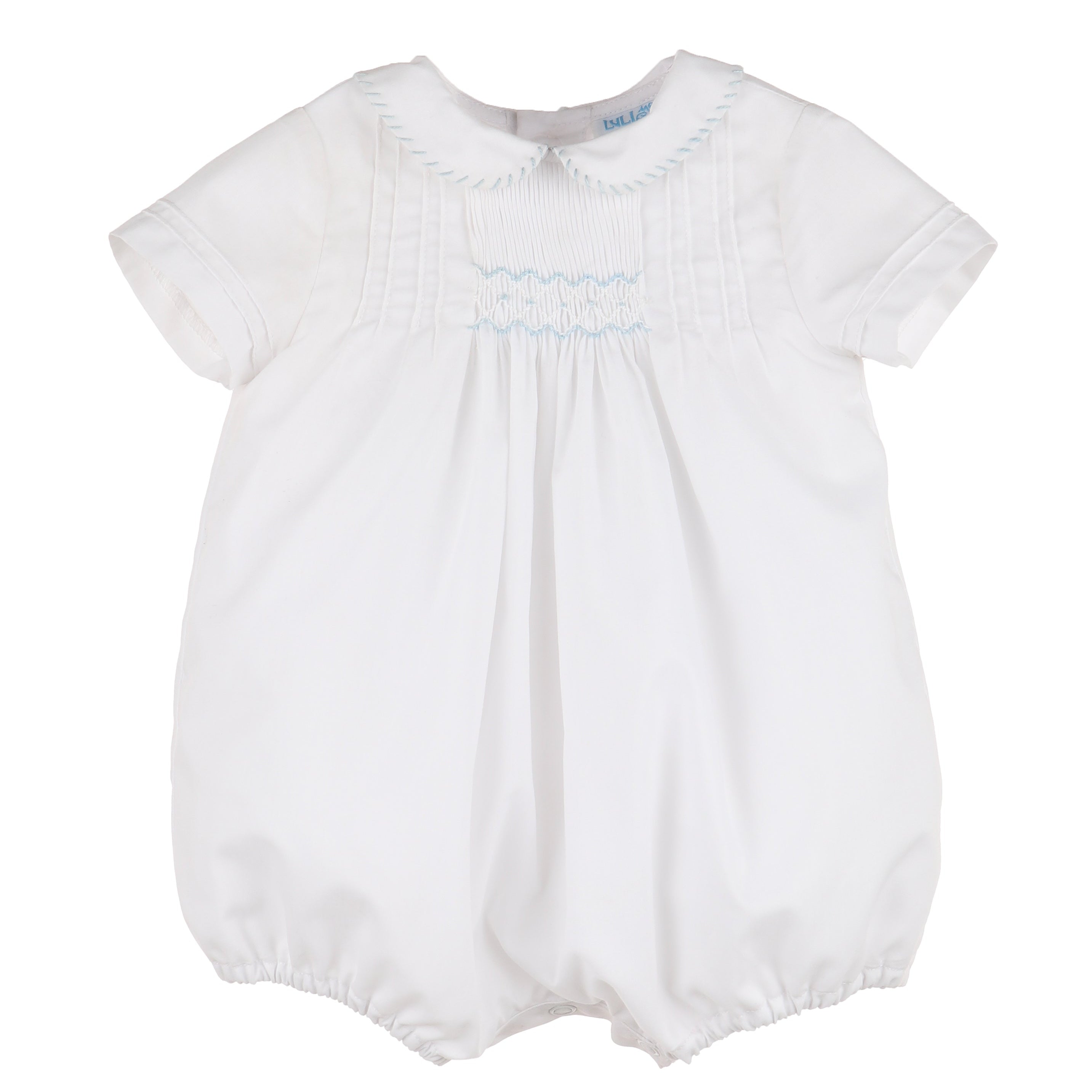 White Smocked Romper Blue Stitch Collar