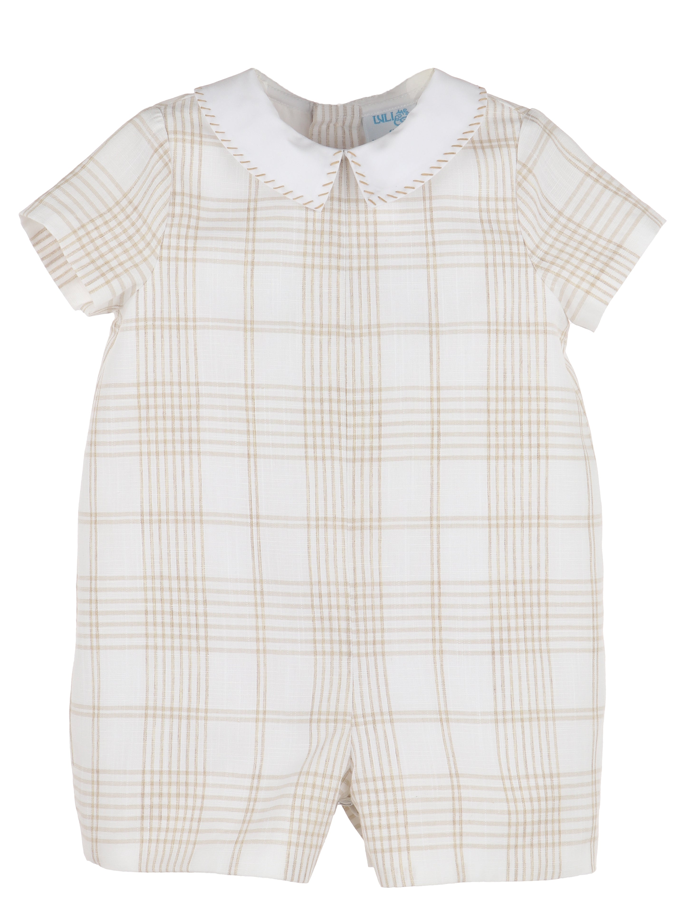 Beige Plaid Romper White Collar