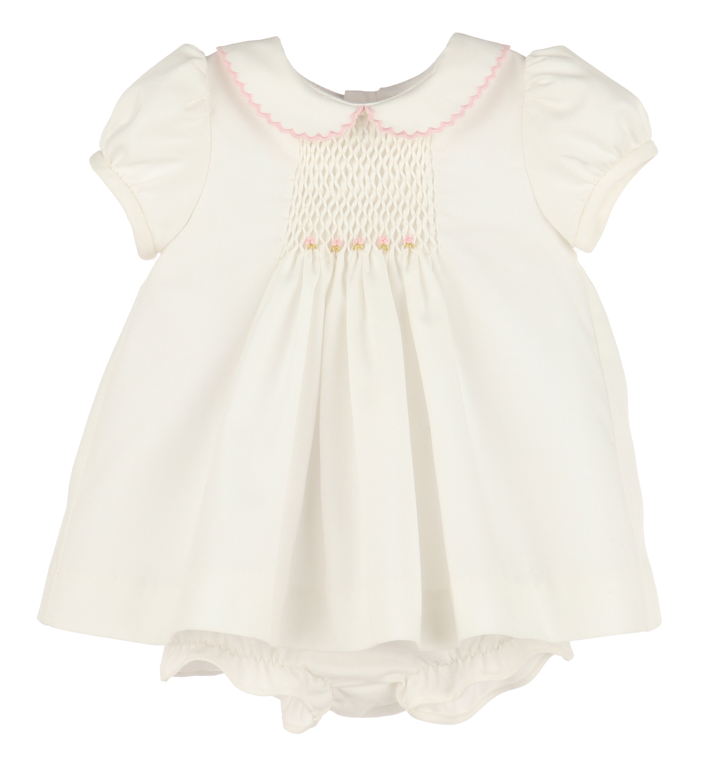 Ivory Twill Smocked Dress Pink Embroidery