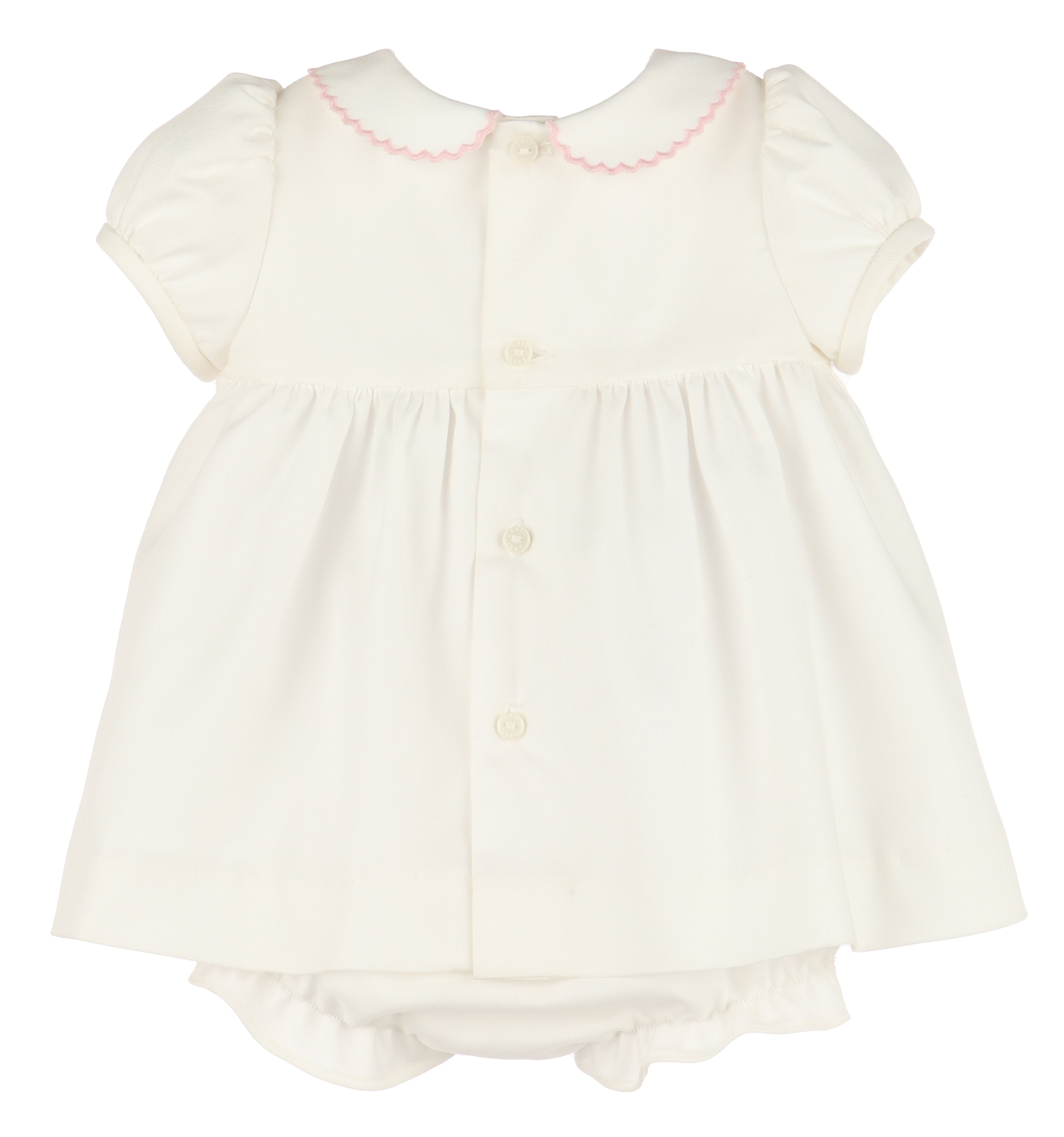 Ivory Twill Smocked Dress Pink Embroidery