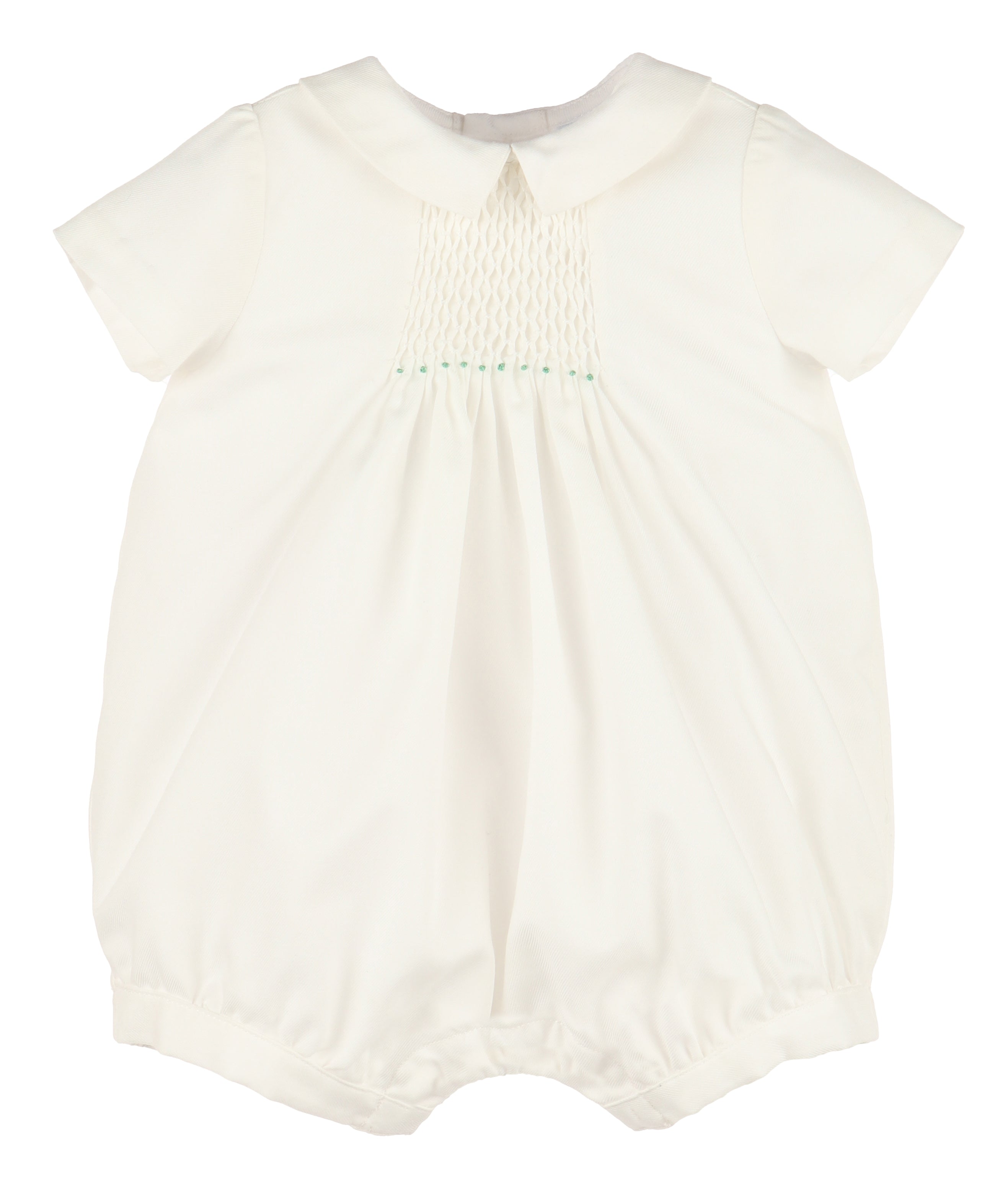 Ivory Twill Smocked Romper Blue Embroidery