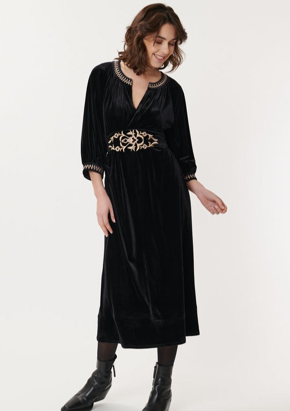 Davina Embroidered Black Velvet Dress
