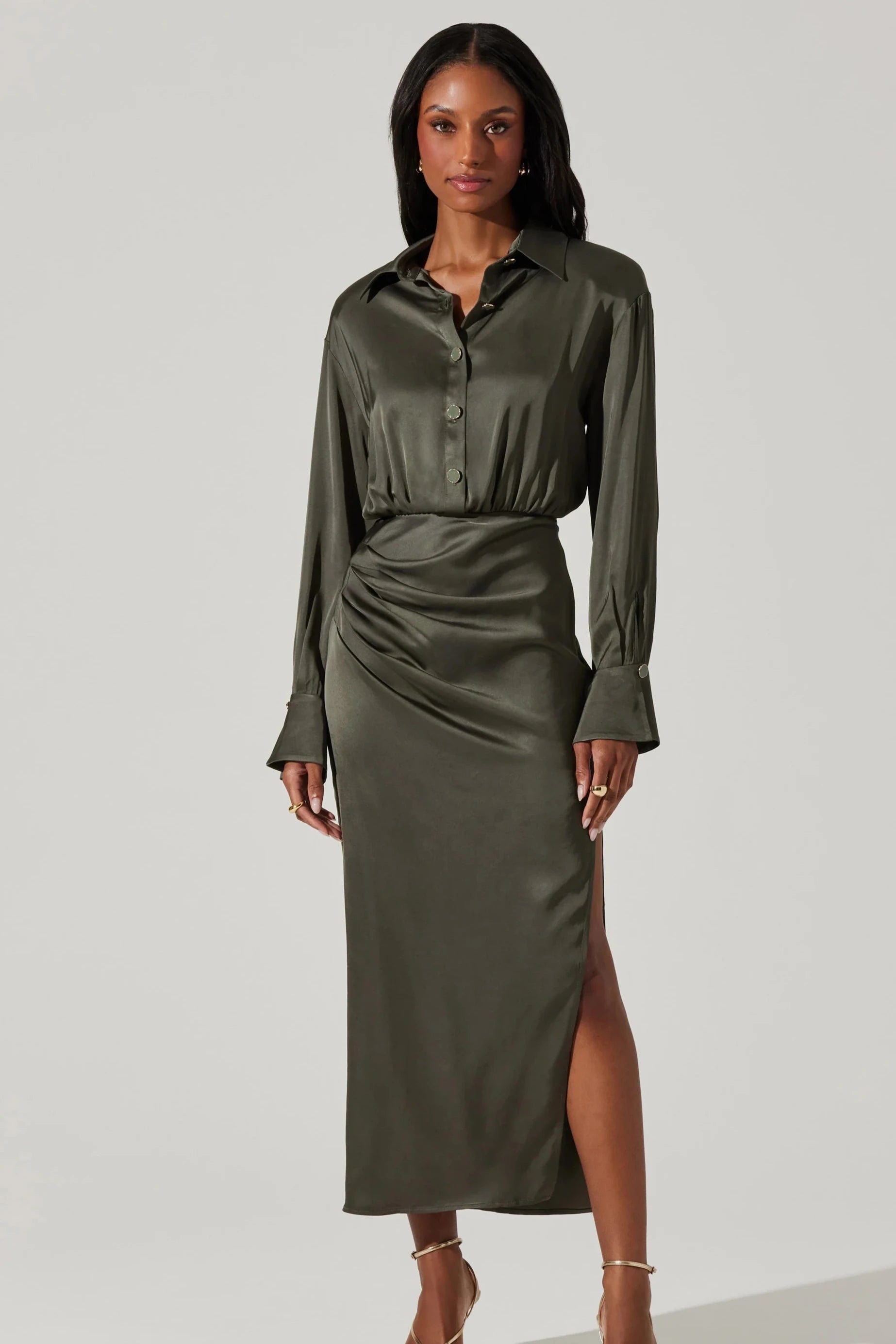 Elizabello Moss Satin Shirt Dress