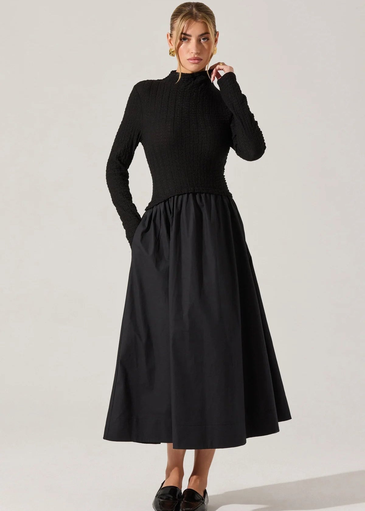 Kearneu Black Knit and Woven High Neck Dress