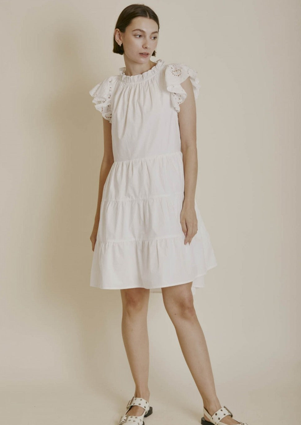 Isabell Ivory Mini Dress Embroidered Sleeve