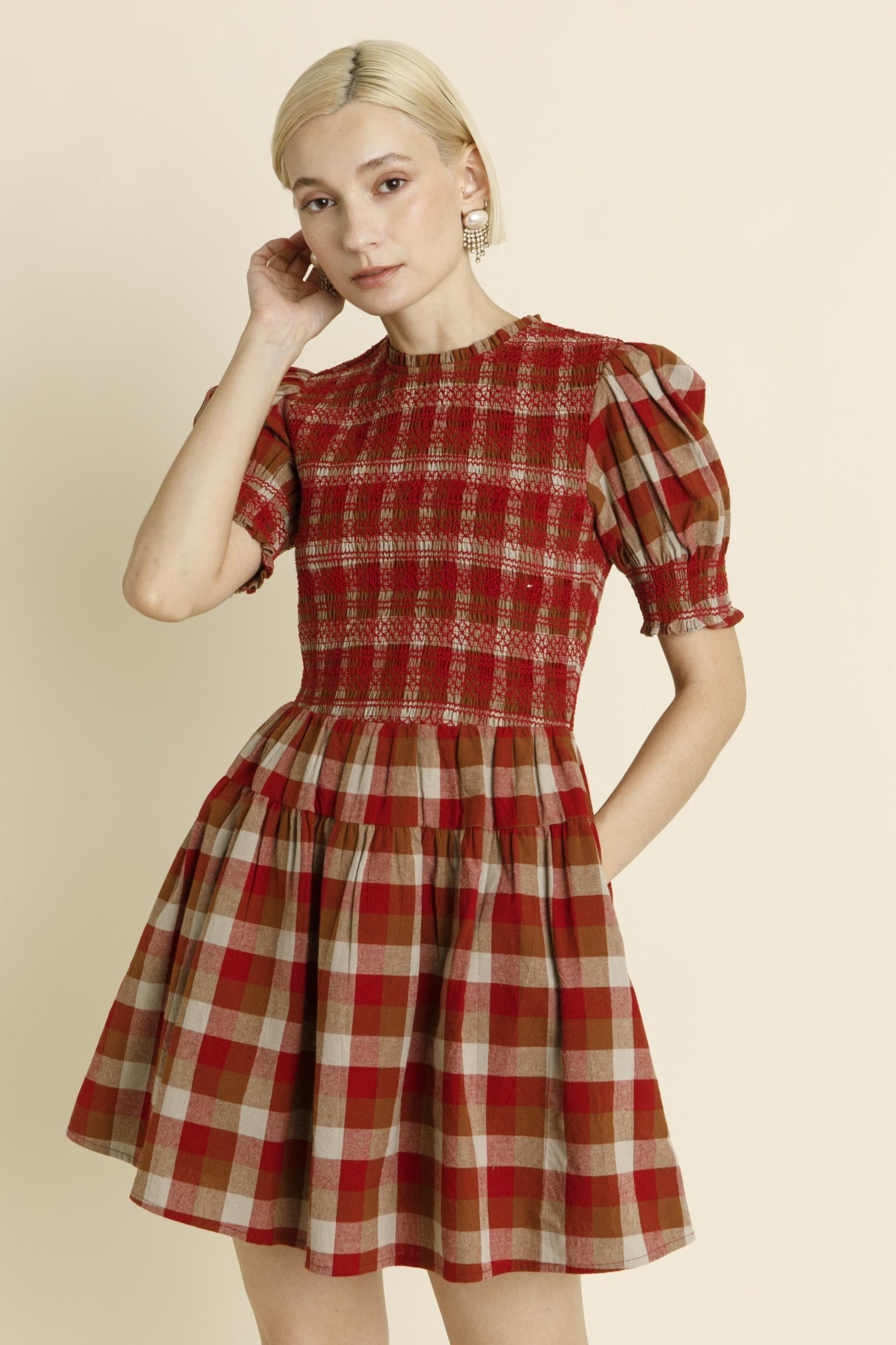 Red Plaid Smocked Mini Dress