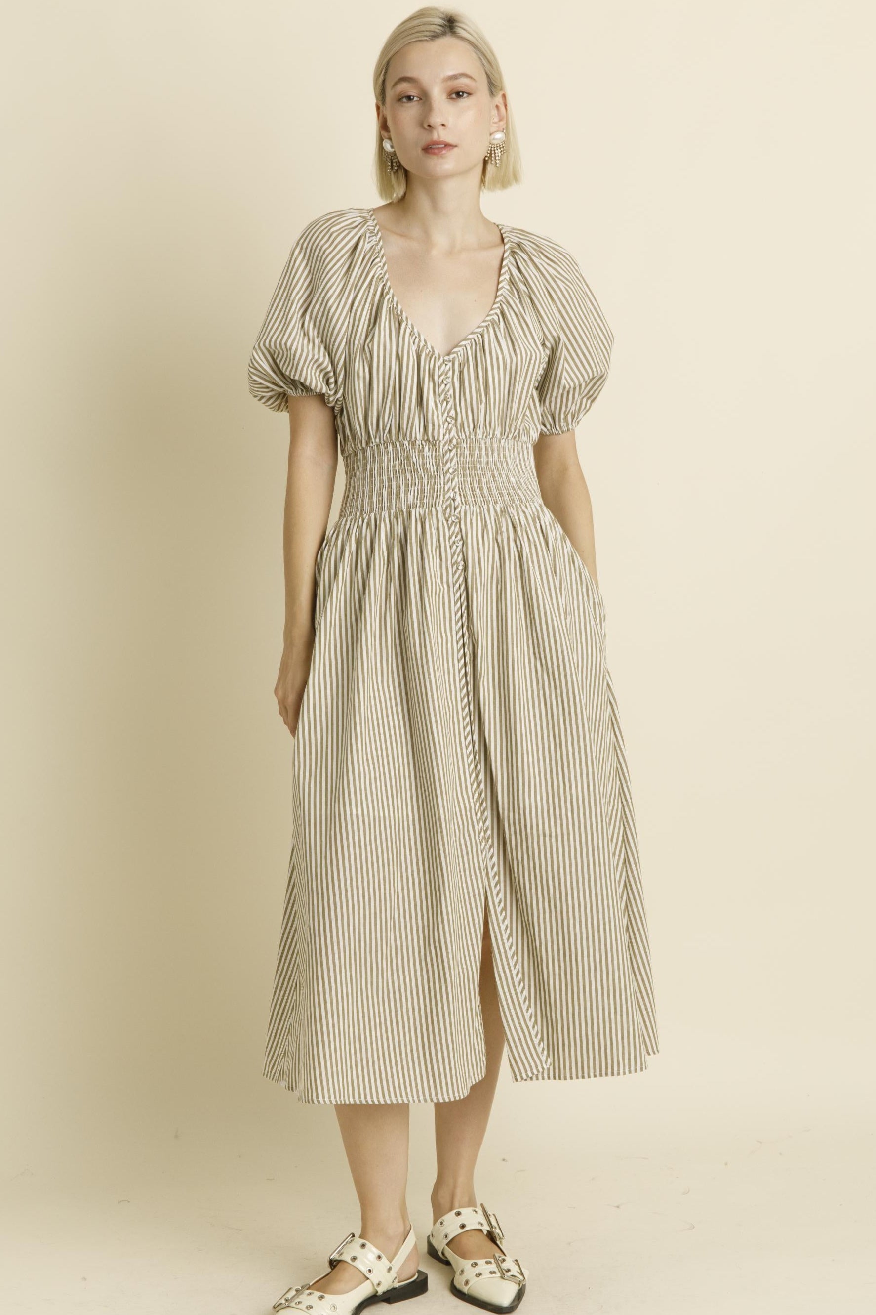 Ellie Olive Stripe Button Peasant Dress