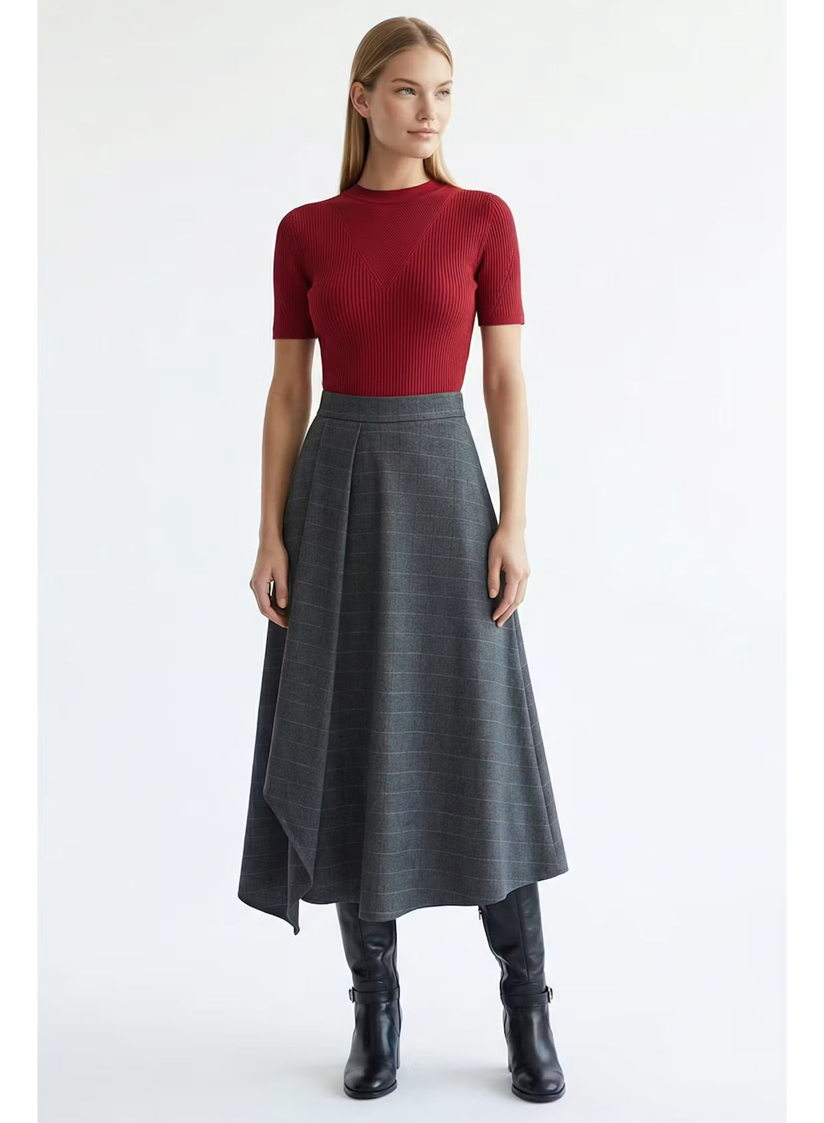 Pragaelle Grey Pinstripe Drape Skirt