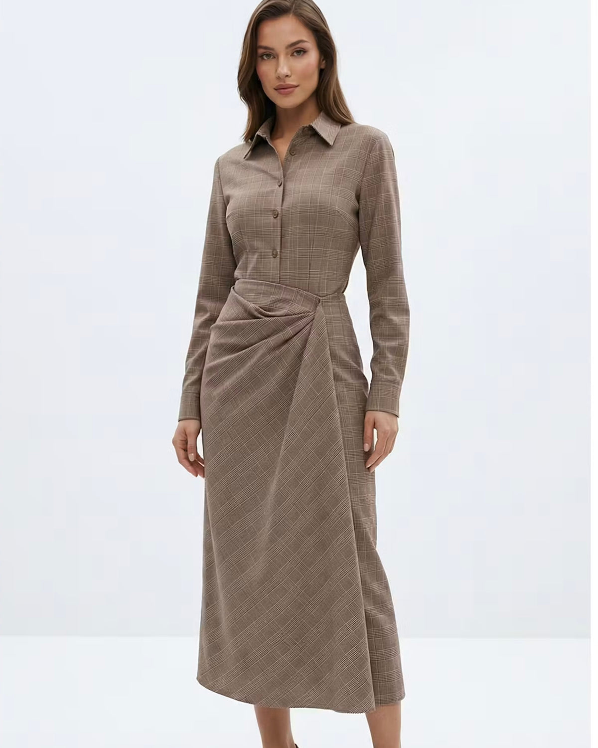 Exquise Brown Glenplaid Faux Wrap Skirt