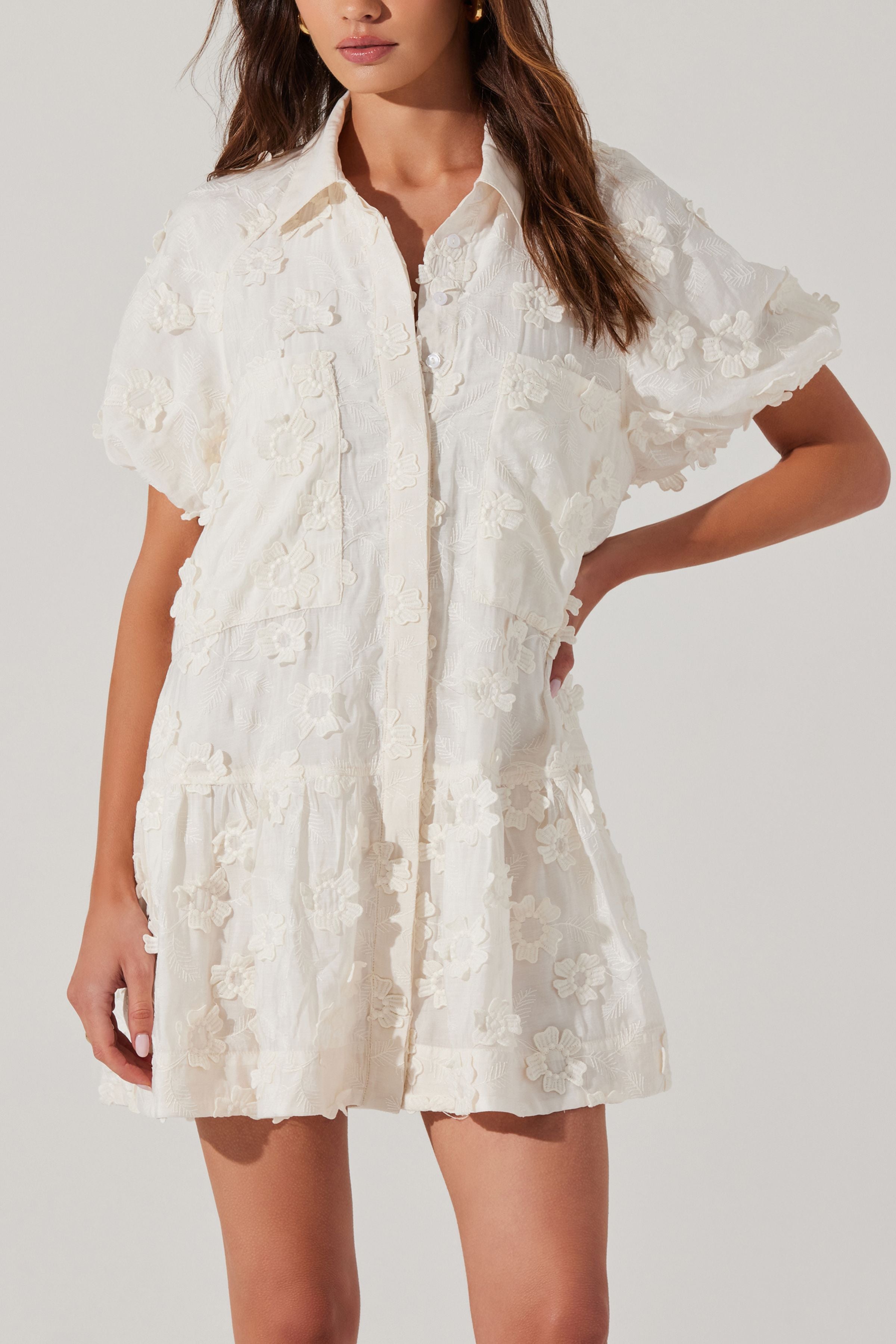 Aihara Cream Flower Applique Mini Dress