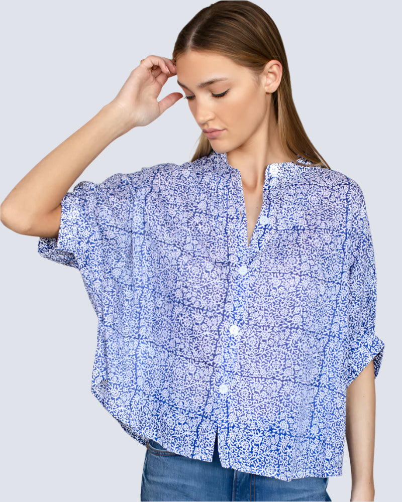 Porcelian Light Blue Tile Print Blouse