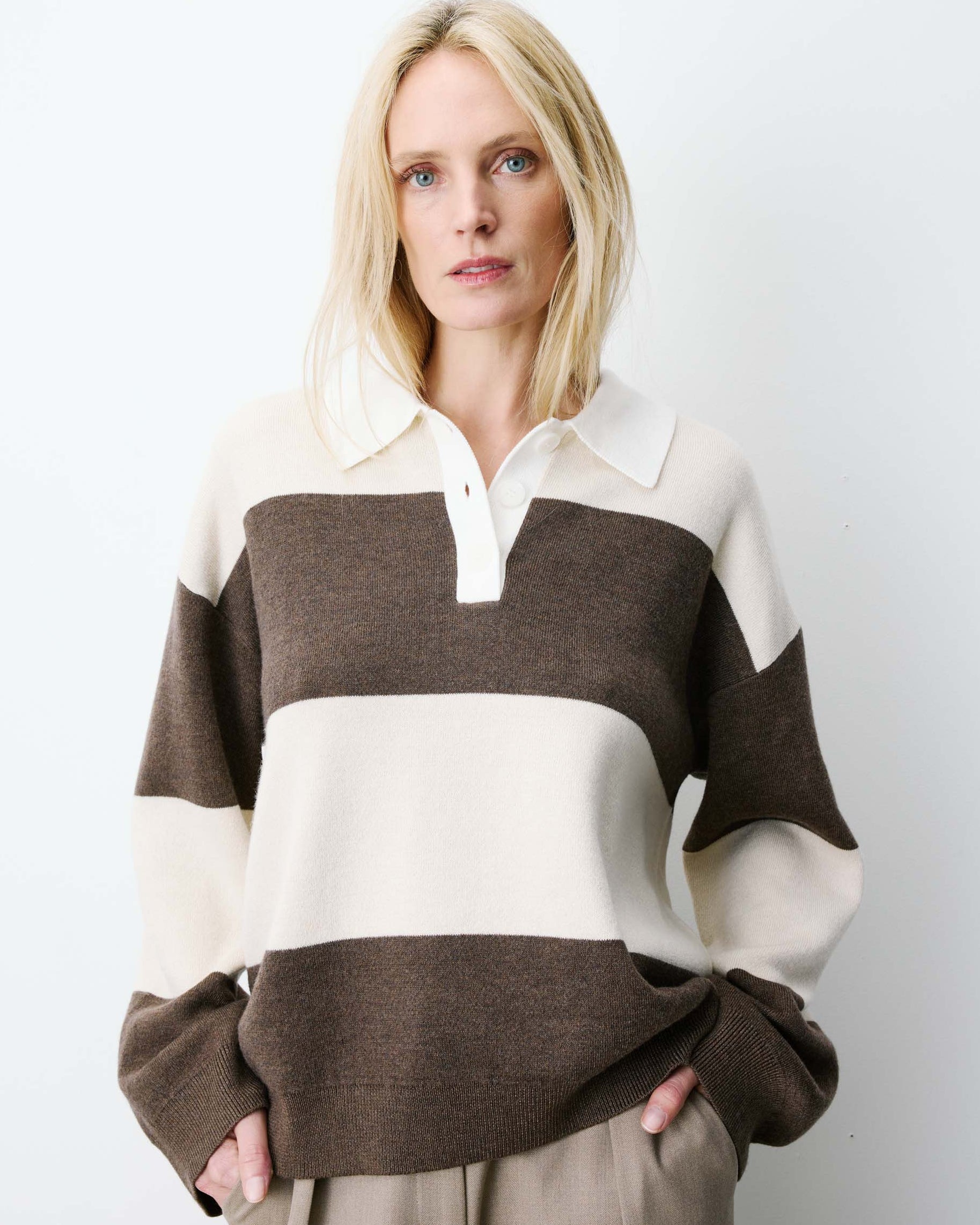 Astre Brown Cream Boxy Polo Sweater