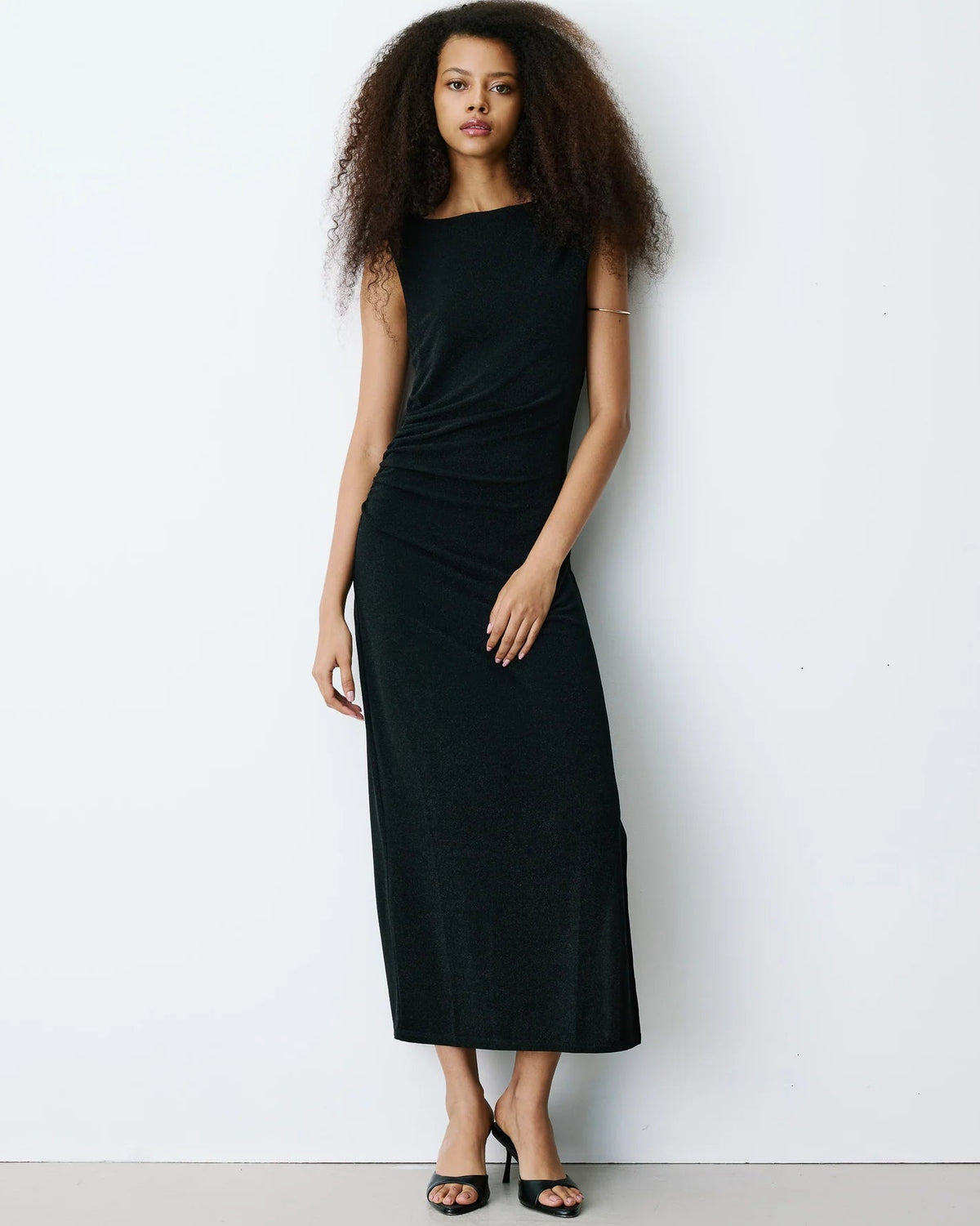 Black Lurex Side Gather Dress