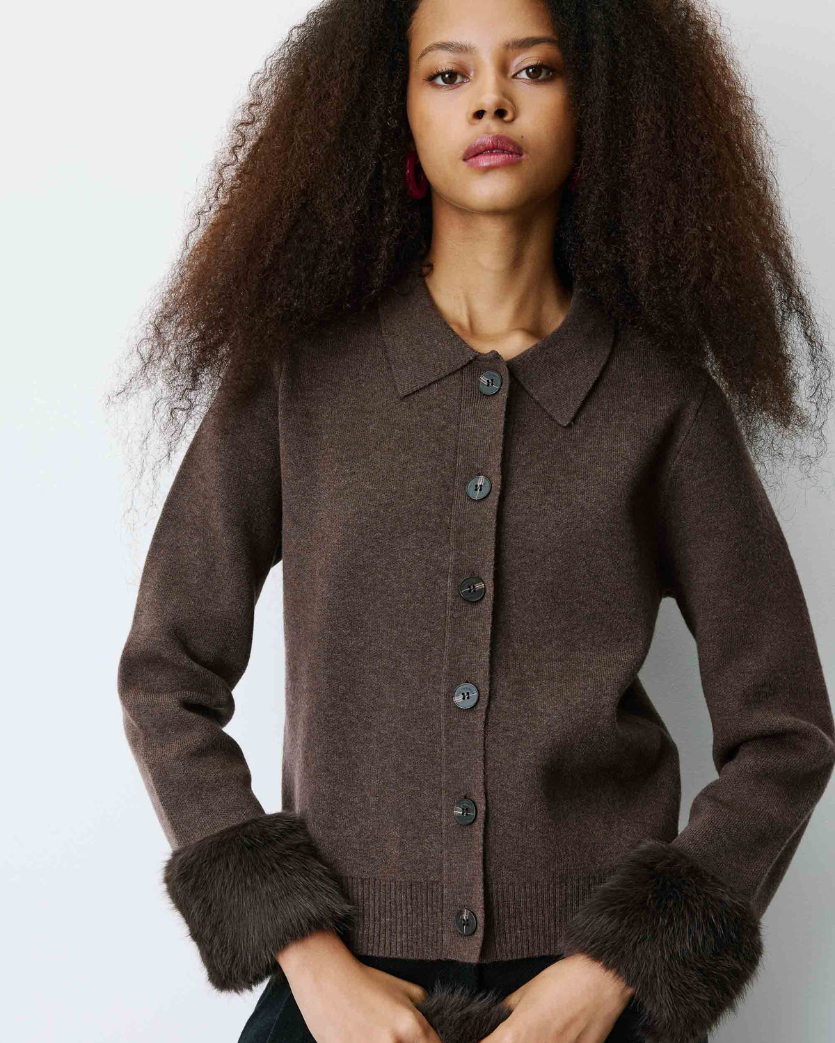 Brown Faux Mink Cuff Cardigan