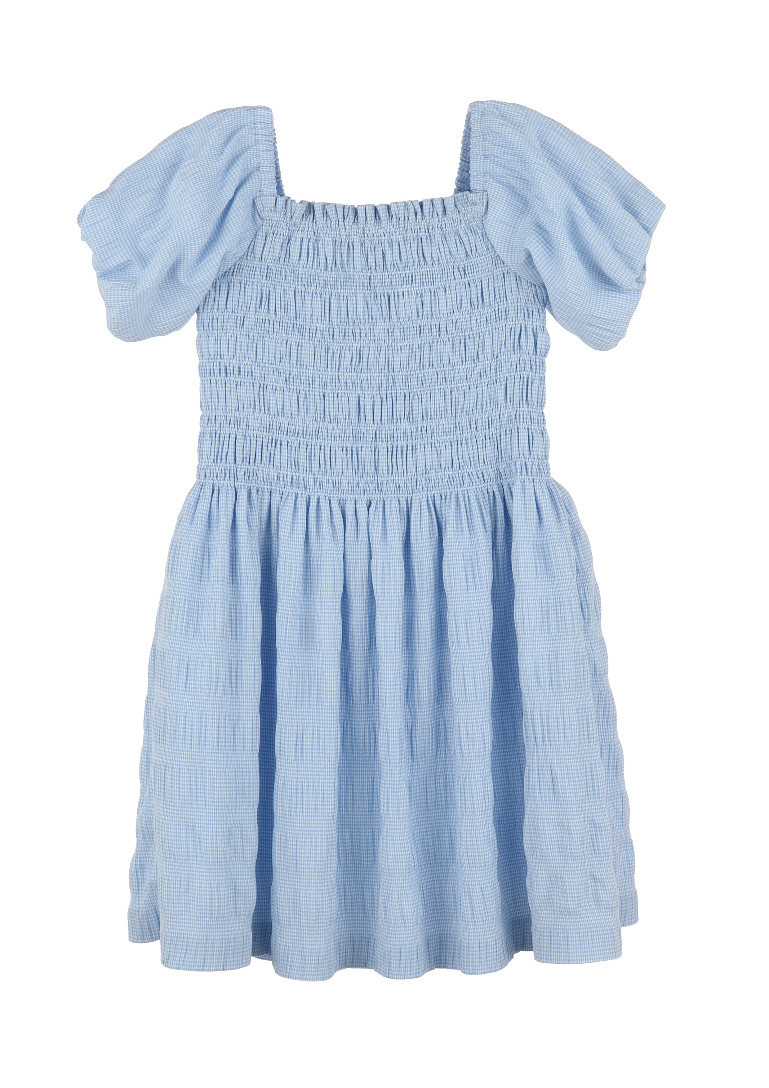 Blue Check Seersucker Peasant Dress