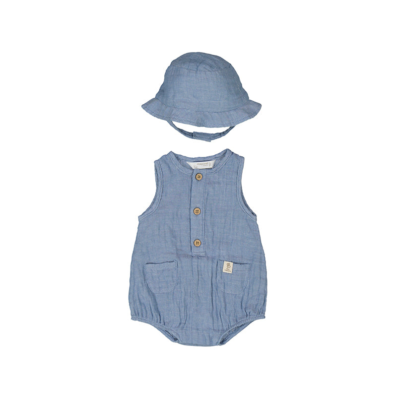 Denim Blue Gauze Romper & Hat