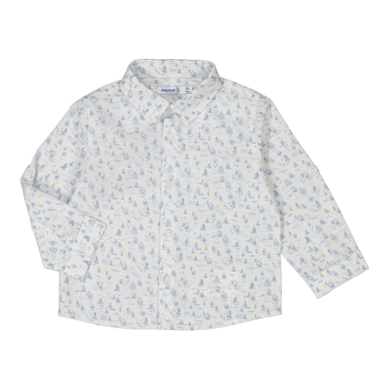 White Lightblue Boat Print Infant Shirt