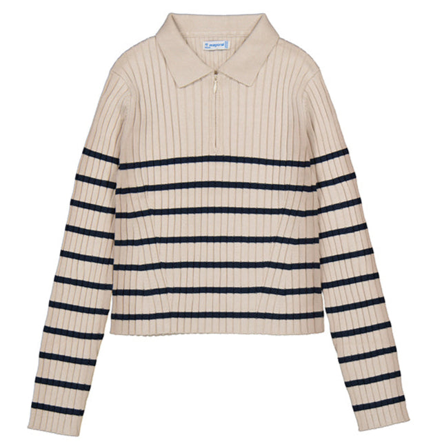 Cream Navy Stripe Zip Polo Sweater