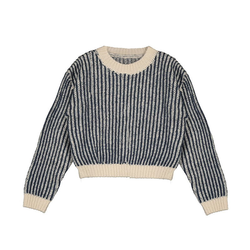 Navy Cream Ribbed Crew Sweater