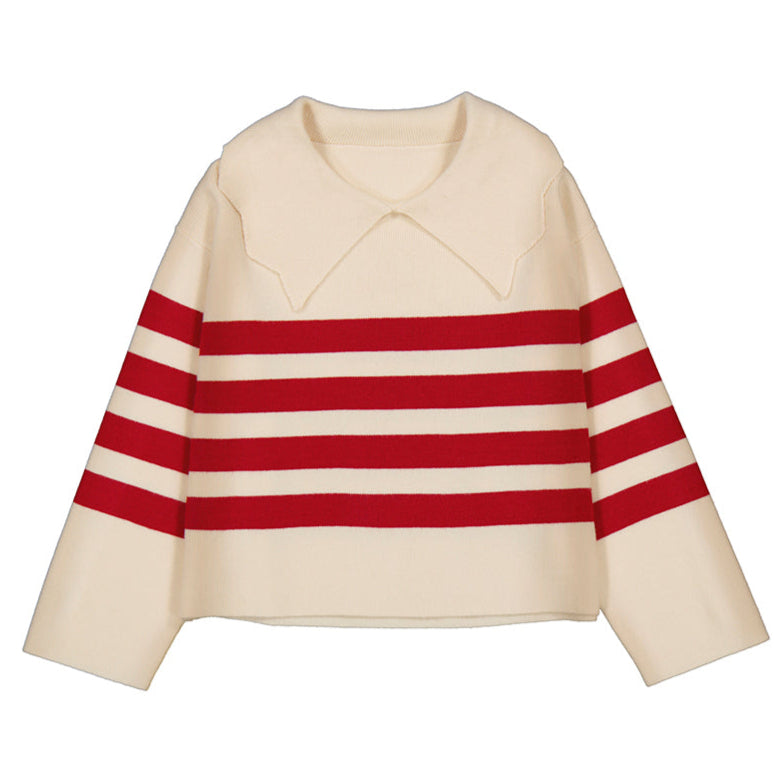 Cream Red Stripe Collared Sweater