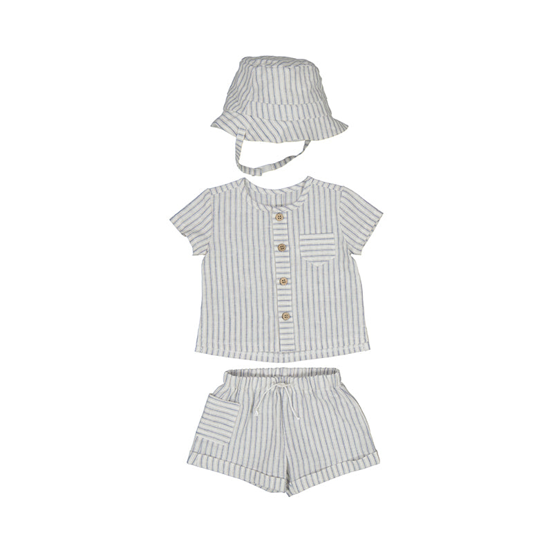 Blue Ticking Shirt & Short Set & Hat