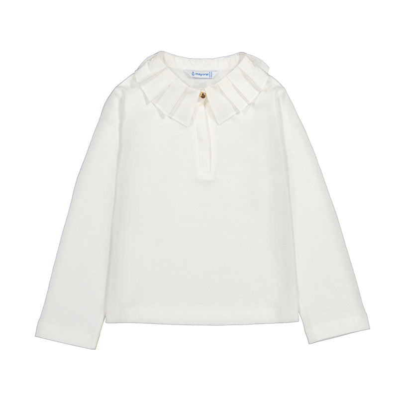 White Knit Top With Pleated Collar