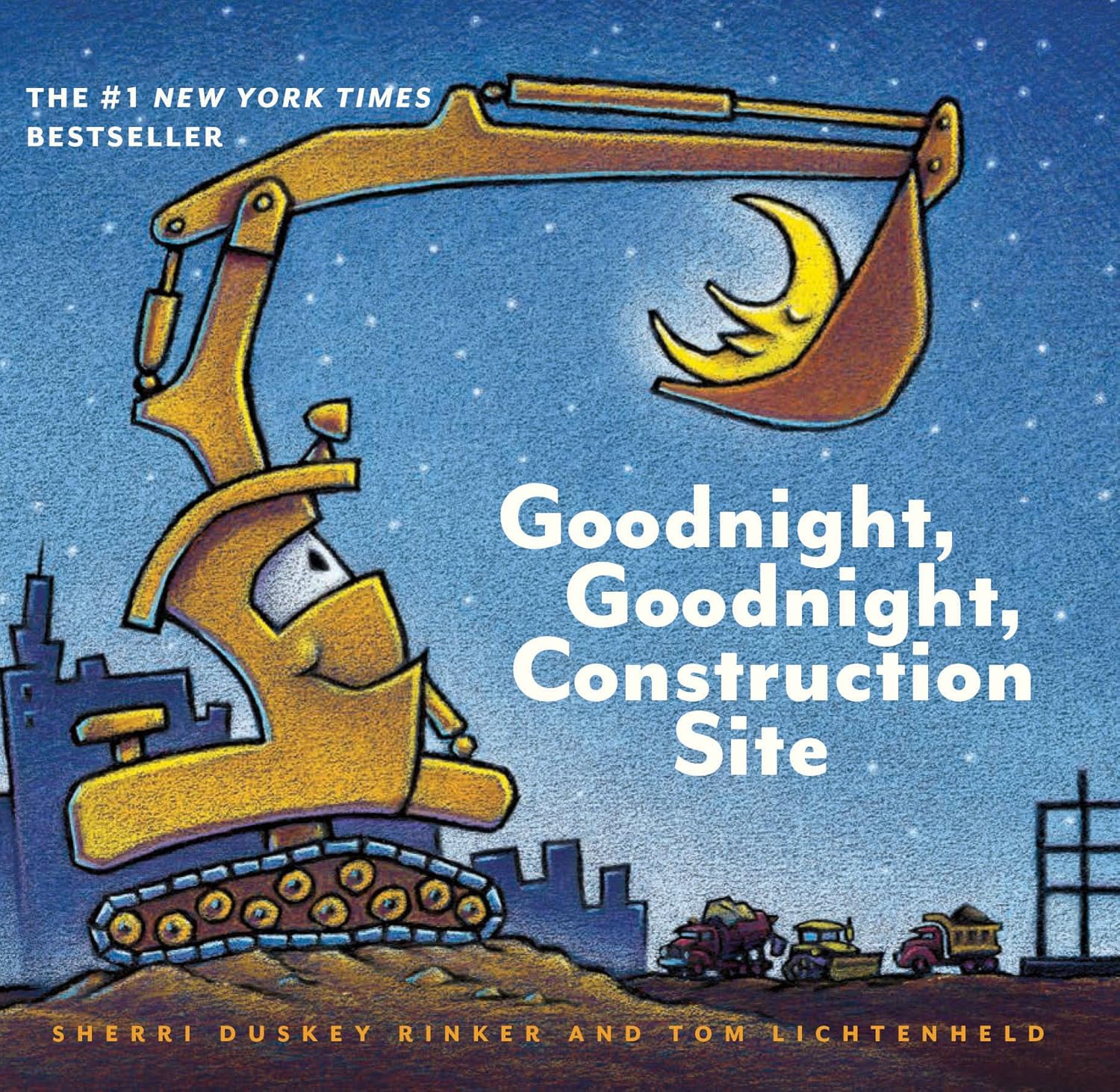 Book cover of 'Goodnight, Goodnight, Construction Site' with a construction vehicle and moon illustration.