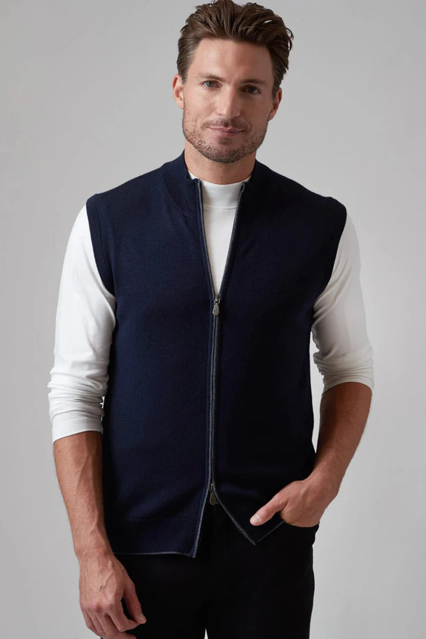 Merino Wool Navy Full Zip Vest