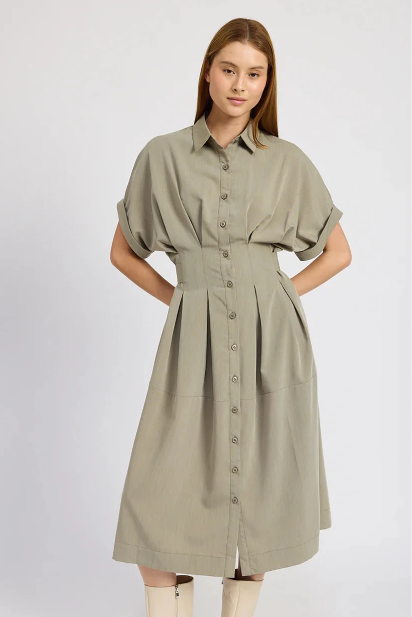 Roan Green Tucked Waist Shirt Dress