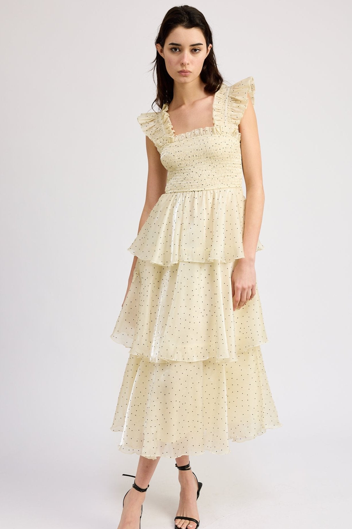 Calista Flocked Dot Ruffle Dress