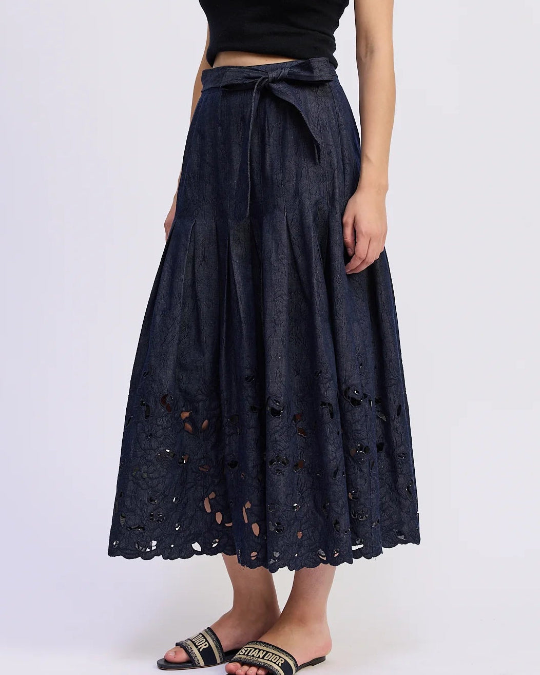 Dena Denim Pintuck Skirt Cutwork Border
