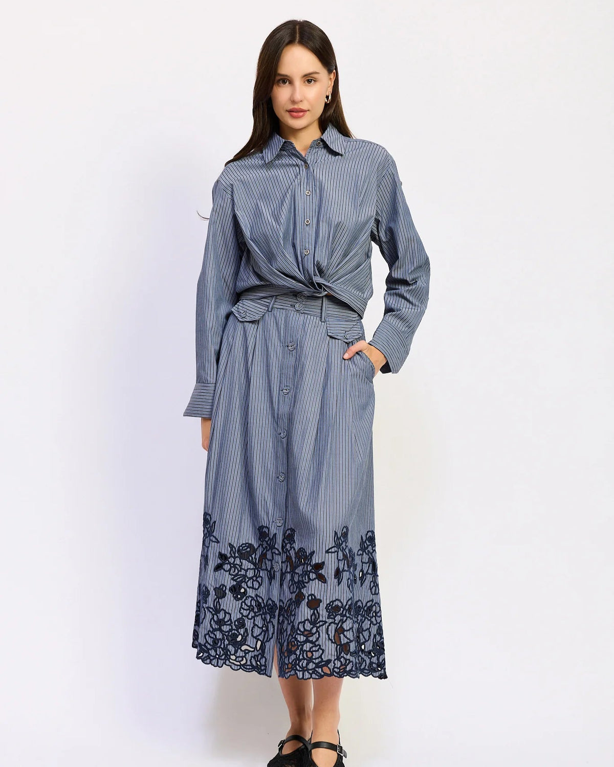 Blue Stripe Embroidered Skirt Set
