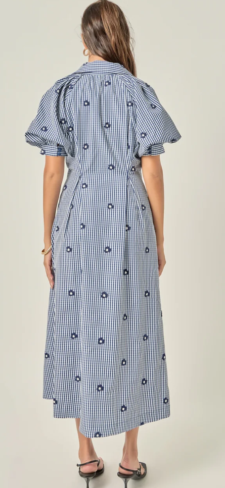Navy Embroidered Gingham Shirt Midi Dress