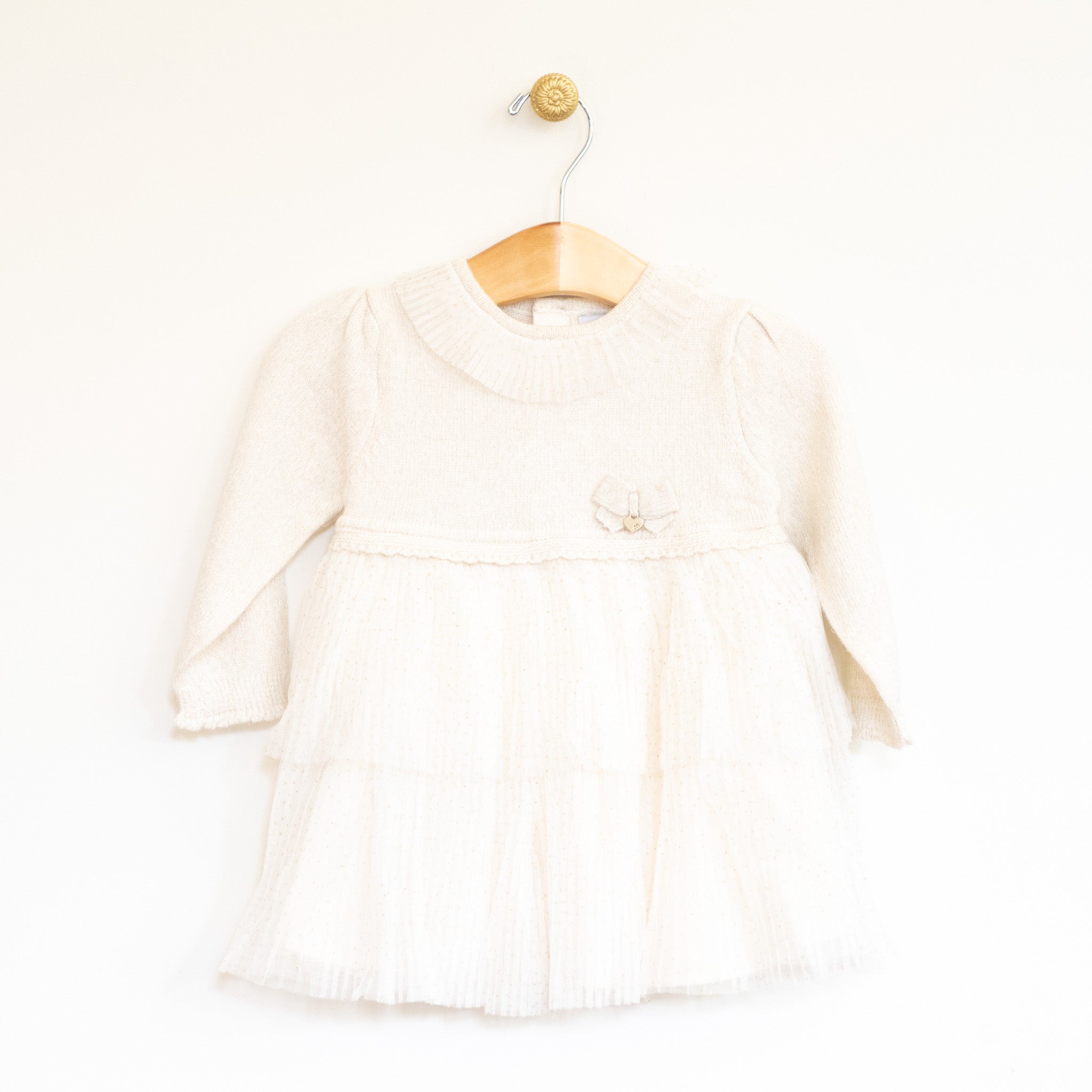 Cream Knit and Pleated Tulle Dress