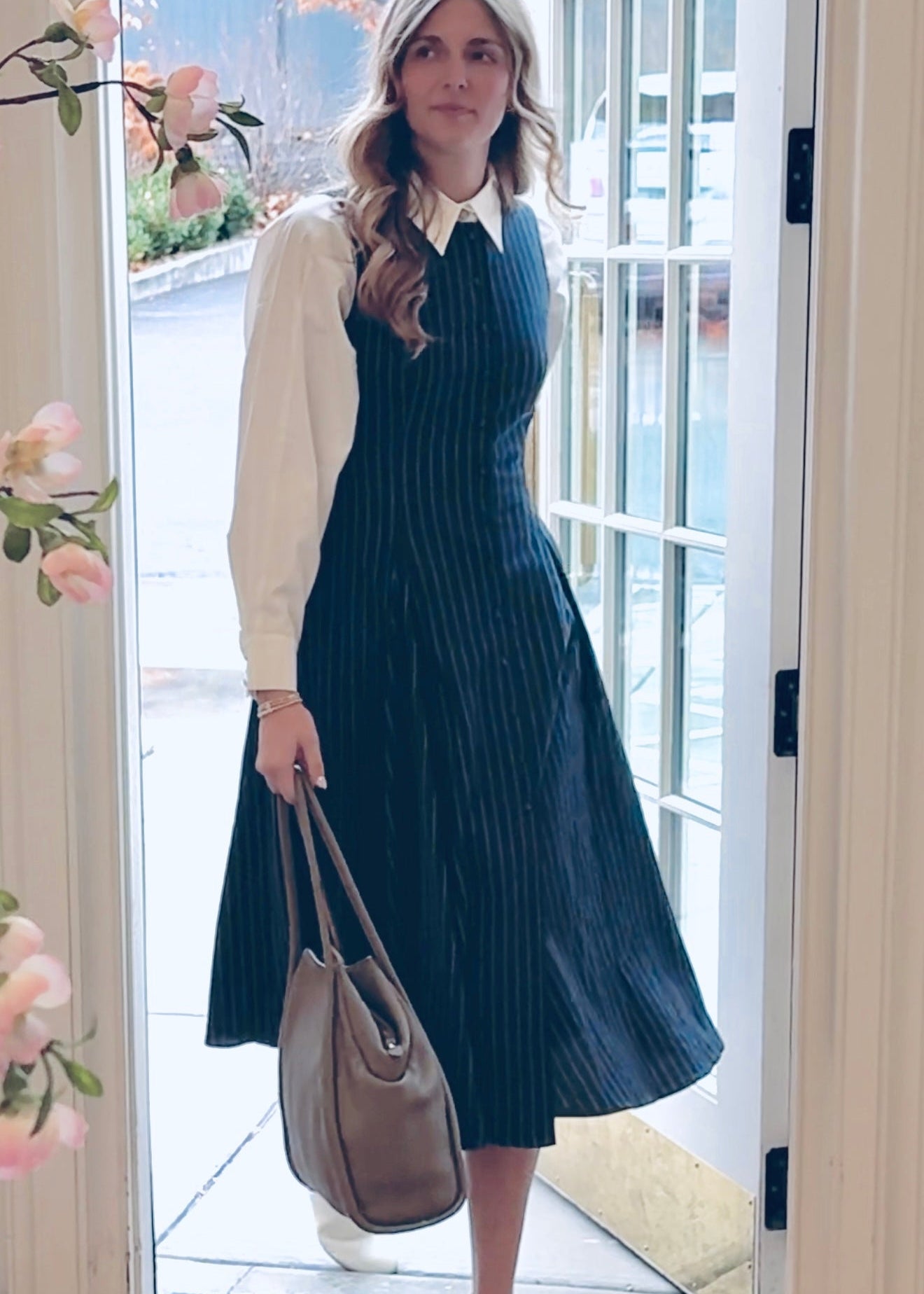Navy Pinstripe Button Front Jumper