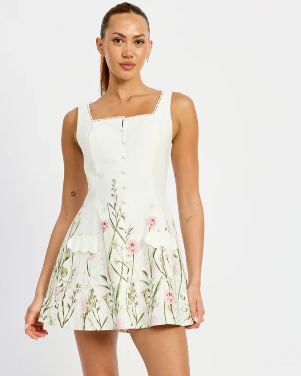 Dianthus Pink Floral on White Mini Dress