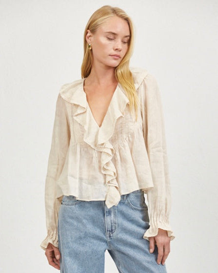 Cream Ruffle Front Tucked Blouse