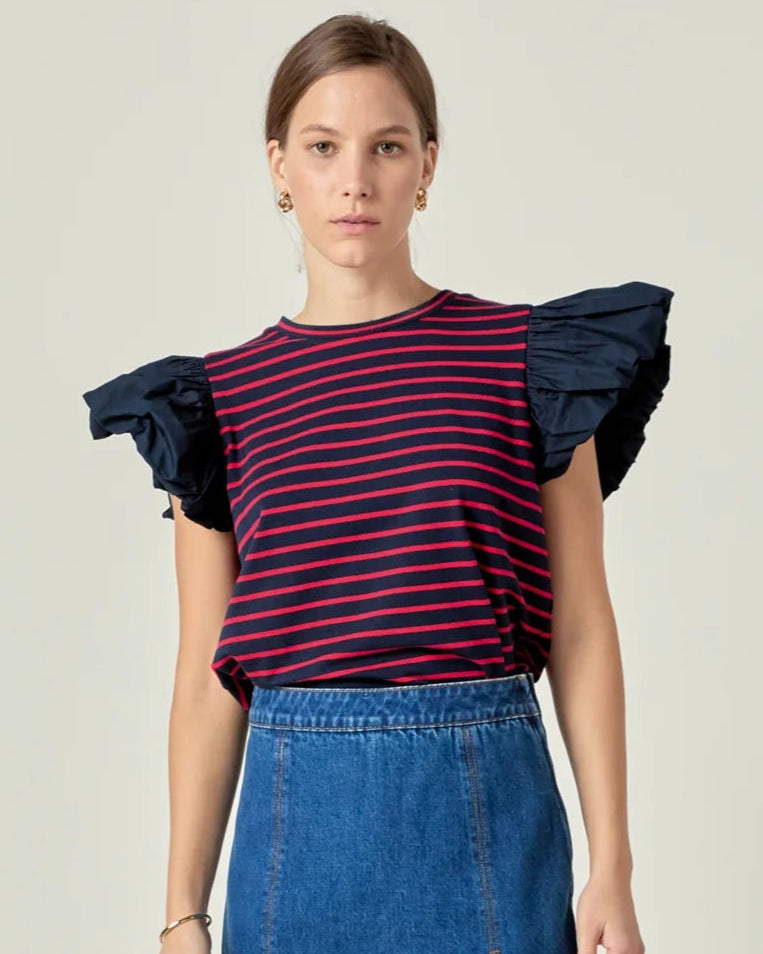 English Factory Navy Red Ruffle Sleeve Top