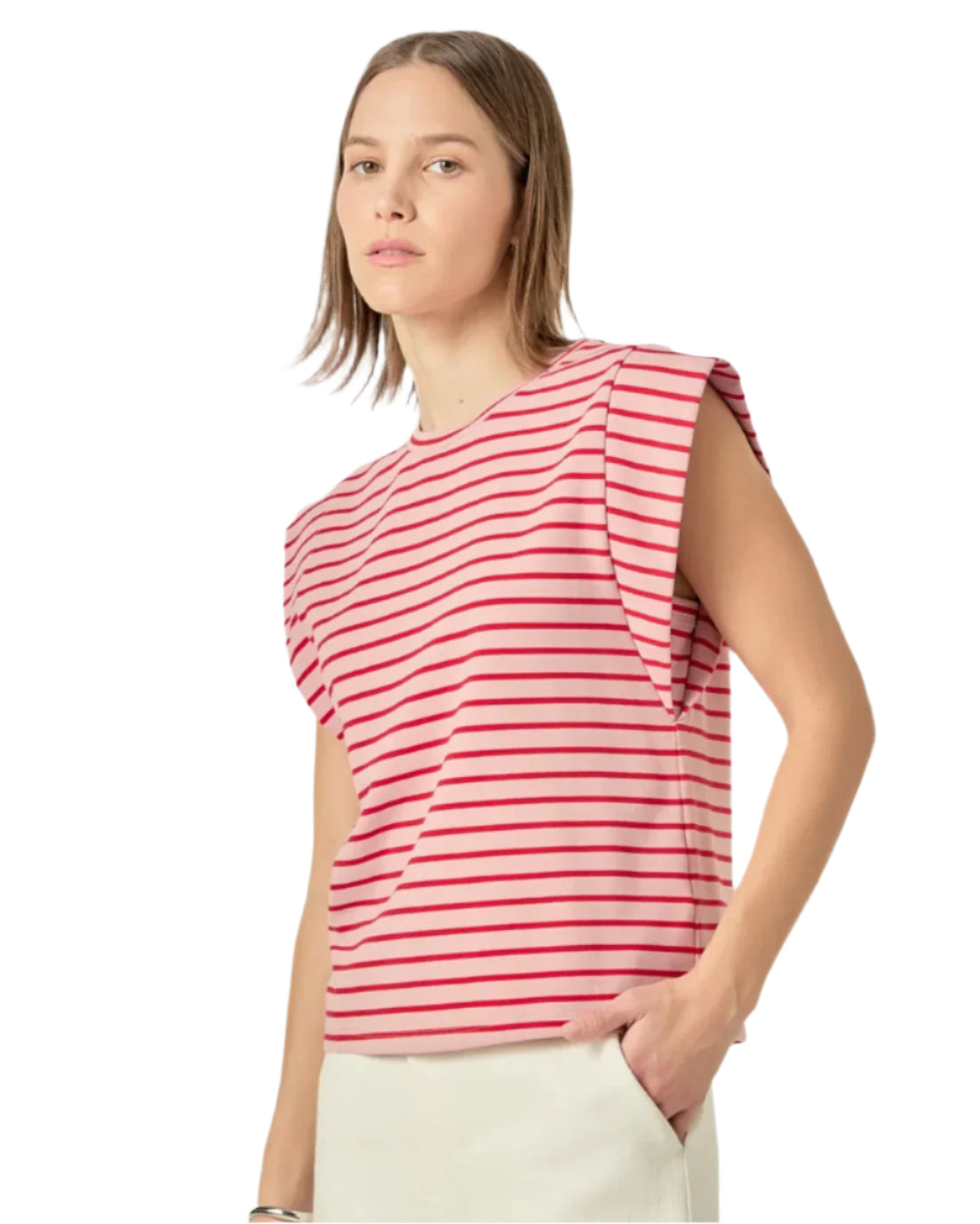 Pink Red Stripe Cap Sleeve Tee